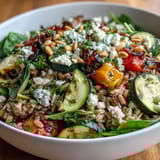 This wholesome Farro Pasta Bowl is tossed with colorful Mediterranean vegetables, baby spinach, and a zesty lemon-oregano olive oil dressing for a light lunch.