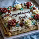 Elegant sheet cake adorned with buttercream roses, perfect for graduation celebrations.  