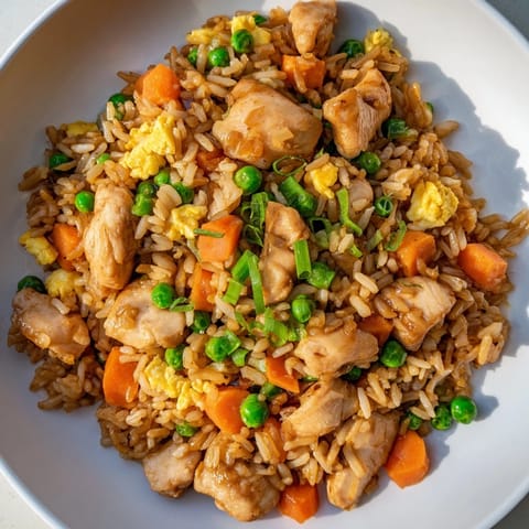 A delicious bowl of Chicken Fried Rice, showcasing tender chicken amidst fluffy rice and savory sauce.
