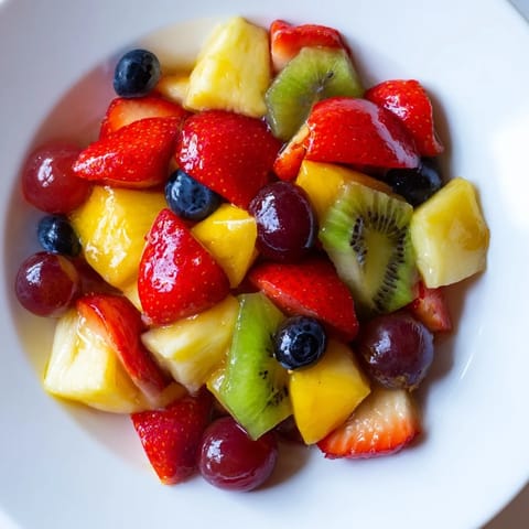 Fresh, juicy fruit salad in a bowl, perfect for a summer dessert, bursting with berry freshness.