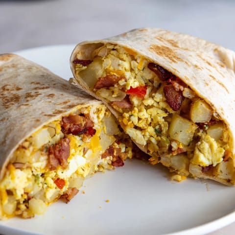 Golden, cheesy Breakfast Burrito overflowing with scrambled eggs, potatoes, and savory bacon, ready to enjoy.