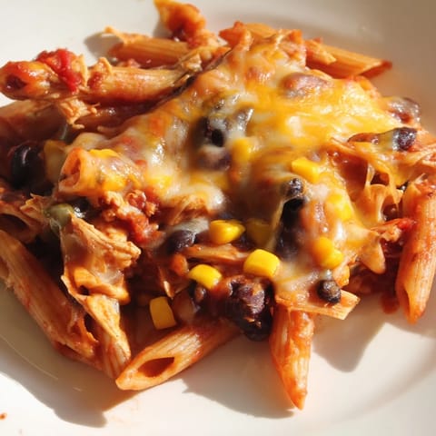 Shredded chicken and black beans tossed in creamy Chicken Enchilada Pasta, served with a dollop of sour cream and cilantro.