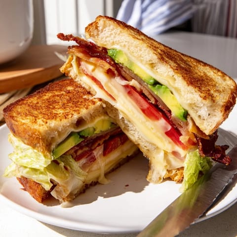 A toasted Avocado BLT Grilled Cheese sandwich, cut diagonally to reveal melted cheddar and juicy tomato layers.  