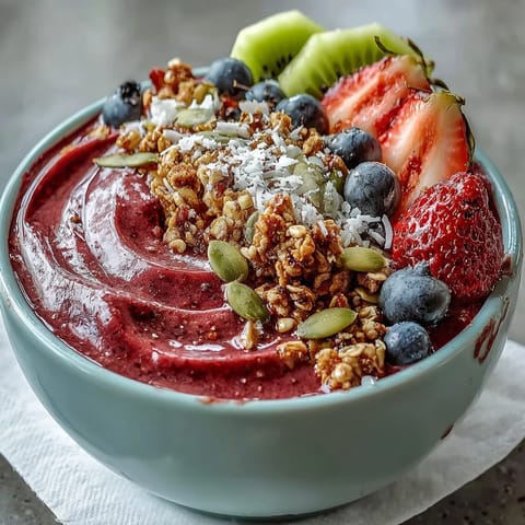 Vibrant beet and berry smoothie bowl packed with granola, fruit, and seeds.