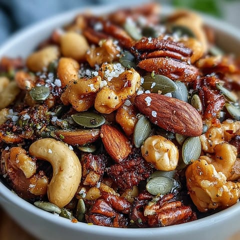 Savory spiced nuts and seeds mix, toasted with warm spices, perfect for salads.