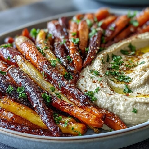 A close-up of vibrant roasted rainbow carrots drizzled with creamy tahini hummus on a rustic platter.