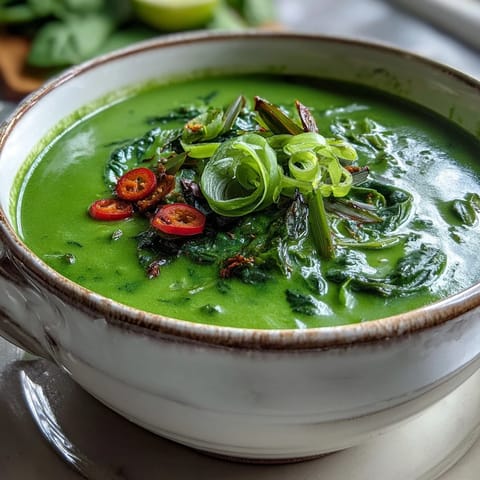 Creamy coconut Spinach Coriander Lemongrass Soup served hot in a rustic bowl for dinner.