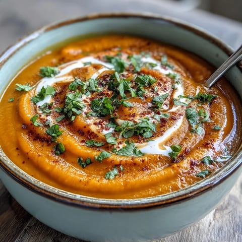 A spoon dips into creamy Carrot, Celeriac and Chilli Soup showing smooth texture and warm orange color.