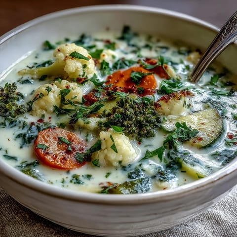 A pot of Creamy Vegetable Soup simmering, featuring blended carrots, broccoli, and cauliflower for a velvety texture. 