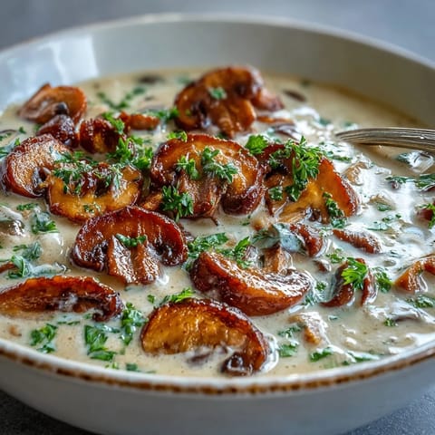 Hearty Creamy Mushroom Stroganoff Soup ladled into a white ceramic bowl, garnished with fresh parsley and ready to serve with crusty bread.