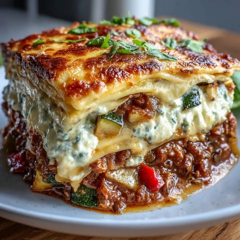 Golden, bubbling One-Pan Smoky Veggie Lentil Lasagne fresh from the oven with fresh basil garnish.