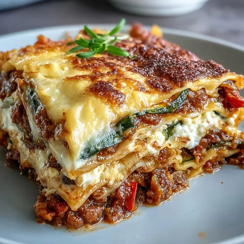 Layers of smoky veggie lentil bolognese, ricotta, and melted mozzarella in one skillet.