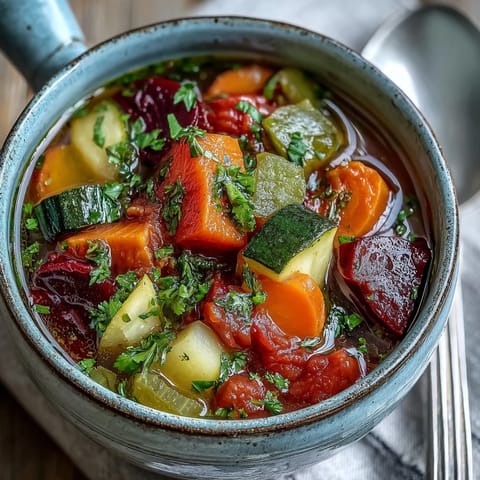 Overhead view of colorful Rainbow Vegetable Detox Soup garnished with fresh parsley and lemon.