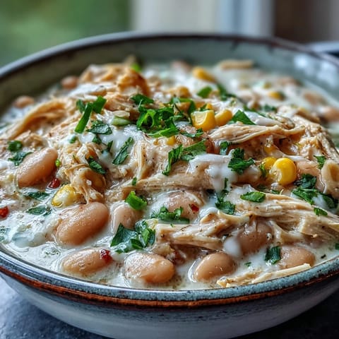 A close-up of creamy White Chicken Chili with shredded chicken, white beans, and corn in a rustic bowl.