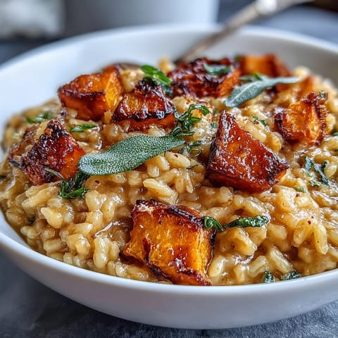A cozy bowl of Vegan Pumpkin Risotto topped with fried sage and lemon zest, served alongside a simple green salad.
