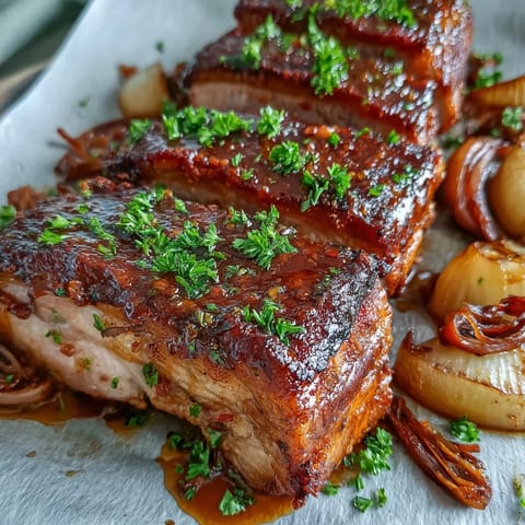 A close-up of glazed Pork and Aromatic Rhubarb Traybake served on a rustic platter with fresh herbs.
