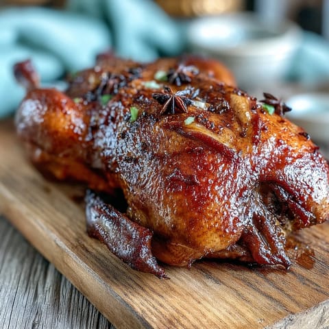 Golden-brown Five-Spice Roast Ducks resting before being sliced for a festive dinner.