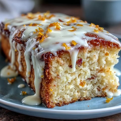 A slice of Heavenly Blood Orange Yogurt Cake shows moist crumb and sweet glaze, served on a white plate near fresh berries.