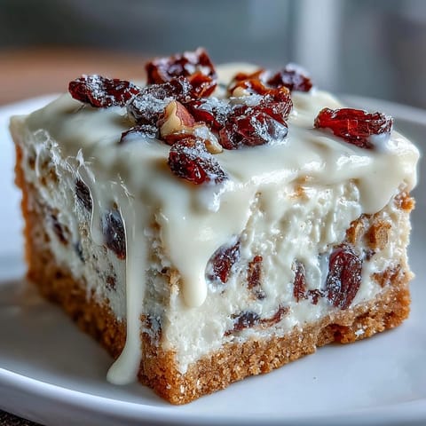 Freshly baked Cranberry Bliss Bars with creamy orange frosting and white chocolate drizzle on a rustic wooden table.