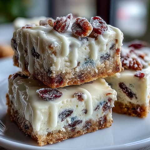 Glazed Cranberry Bliss Bars garnished with extra dried cranberries, ideal for festive holiday dessert platters.