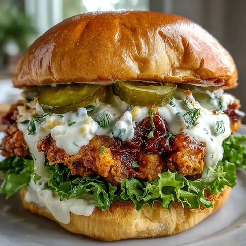 Golden-brown, spicy fried chicken breast sits on a toasted brioche bun with fresh lettuce and pickles.