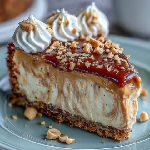 A smooth slice of Nutter Butter cheesecake topped with whipped cream and chopped peanuts sits on a white plate.