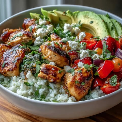 A vibrant low-carb Cauliflower Rice Bowl features juicy cherry tomatoes, fresh cilantro, and crumbled feta cheese for a colorful finish.