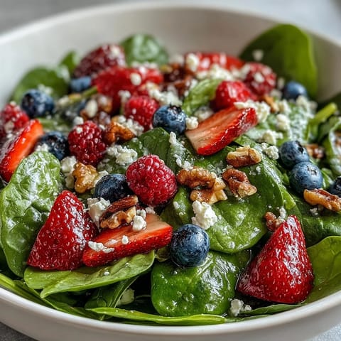 Freshly tossed Spinach and Berry Salad Bowl featuring toasted walnuts, sliced red onion, and a drizzled balsamic vinaigrette on a white plate.