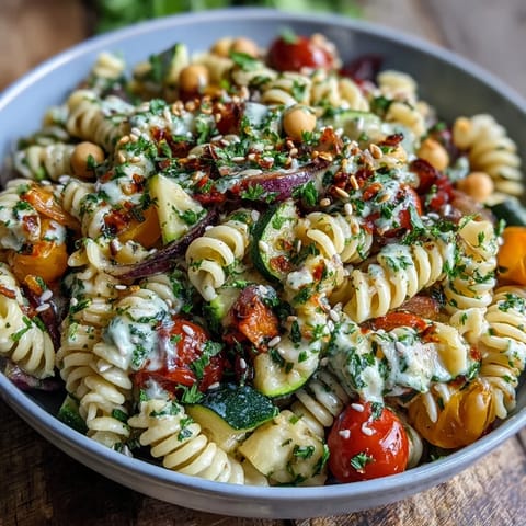 Overhead view of a wholesome Chickpea Pasta Bowl, highlighting golden roasted vegetables and a drizzle of lemony tahini sauce over chickpea pasta.