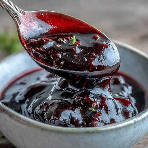 Dark, glossy Black Currant and Rosemary Reduction being poured from a small saucepan over a seared duck breast on a white plate.