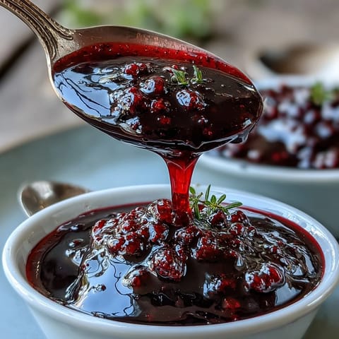 Glossy Black Currant Reduction in a small glass jar, topped with a sprig of thyme.