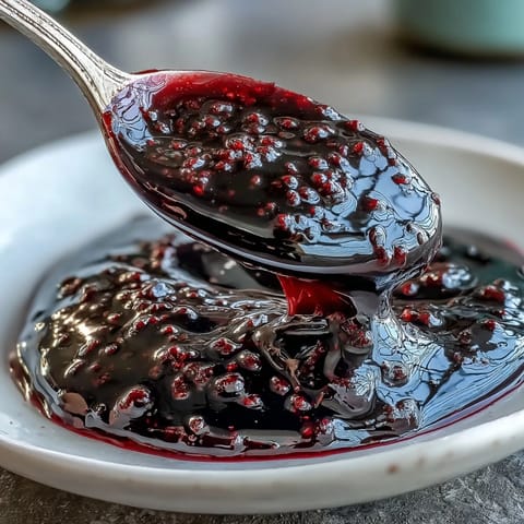 A deep purple Black Currant Reduction drizzled over seared duck breast on a white plate.