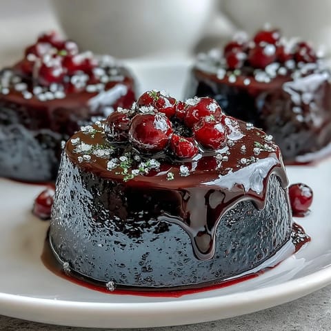 Four chilled Black Currant Panna Cotta glasses topped with glossy berry glaze.