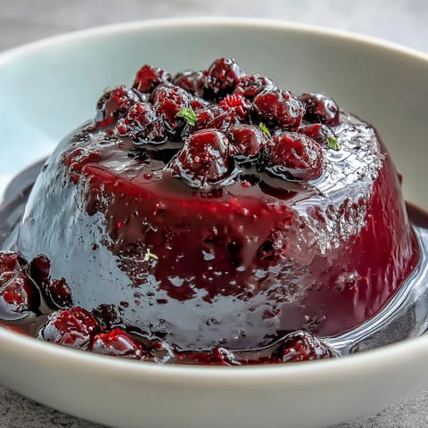 A single Black Currant Panna Cotta ramekin garnished with fresh berries and mint.
