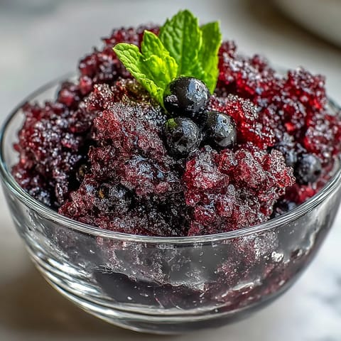 A bowl of Black Currant Granita features bright crimson ice crystals and a fresh mint garnish, ready to enjoy.