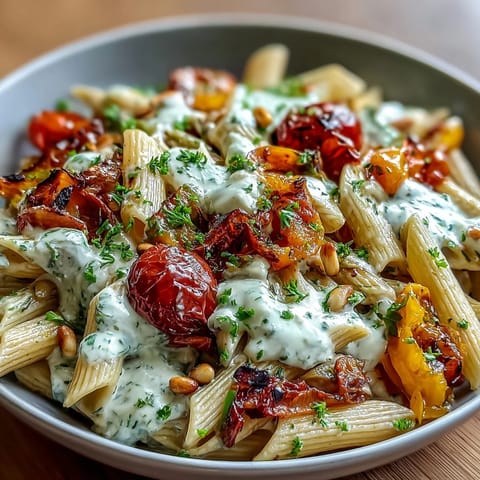Wholesome whole wheat pasta bowl with roasted vegetables and creamy cannellini bean sauce, topped with toasted pine nuts.