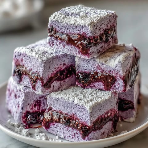 Fluffy lavender marshmallows infused with tart blackcurrant purée, dusted with powdered sugar for a delicate finish.