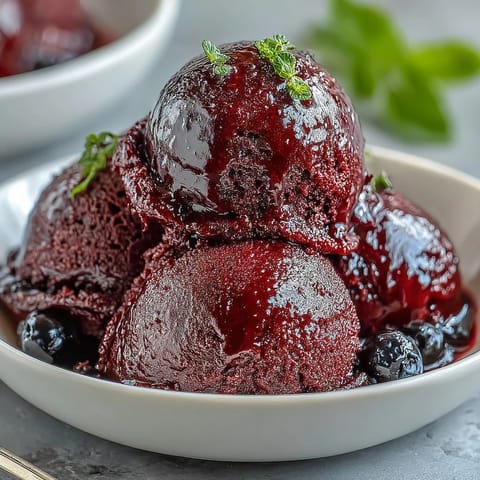 A bowl of vibrant black currant sorbet with deep purple hue, garnished with fresh mint leaves and served with a silver spoon.