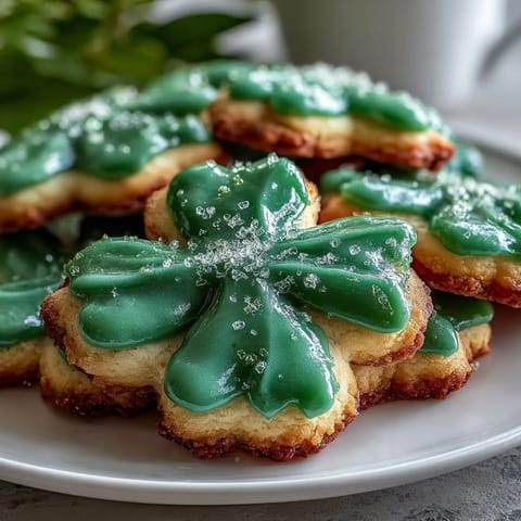 Buttery sugar cookies shaped like shamrocks and topped with smooth green royal icing, perfect for holiday dessert trays.  