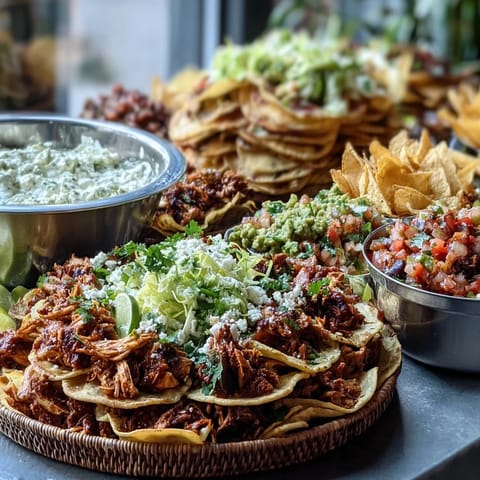 A colorful Cinco de Mayo taco bar spread with sizzling chicken, beef, and beans ready for guests to assemble their own tacos.