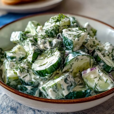 Creamy cucumber salad with dill and Greek yogurt in a white bowl, garnished with fresh dill sprigs and black pepper.