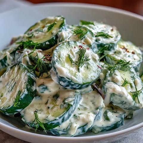 A close-up of creamy cucumber salad featuring crisp cucumber slices in tangy Greek yogurt dill dressing, perfect for summer meals.