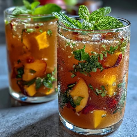 Refreshing mango peach sangria with juicy fruit slices and mint, perfect for summer picnics.