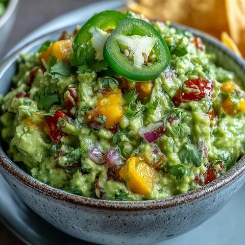 Easy Cinco de Mayo Guacamole with Mango and Jalapeño: Vibrant green guacamole blended with juicy mango and zesty jalapeño, perfect for festive parties or game day snacks.  