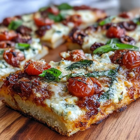 Wholesome cottage cheese flatbread pizza with golden crust, topped with melted mozzarella, fresh spinach, and juicy cherry tomatoes for a protein-packed meal.