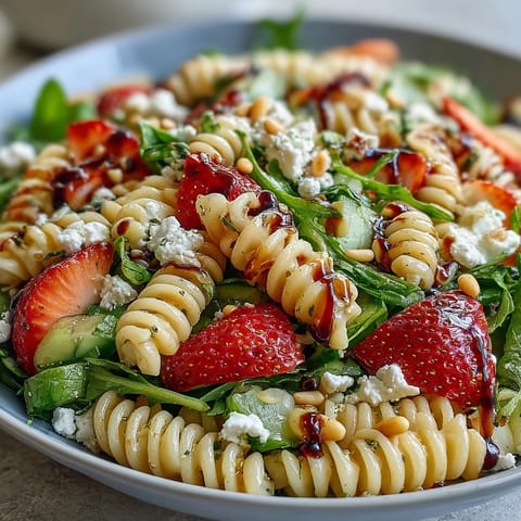 Spring Pasta Salad with Strawberries, Feta, and Arugula, a colorful vegetarian dish perfect for spring picnics and light lunches.