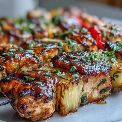 Grilled Pineapple Chicken Skewers with juicy chicken and sweet pineapple chunks sizzling on the grill for a tropical flavor.  