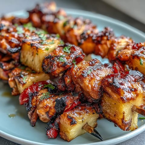Colorful chicken and pineapple skewers with charred edges and vibrant bell peppers, perfect for summer BBQs.  