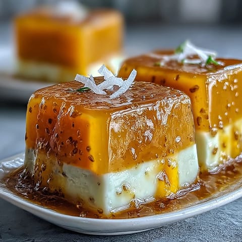 Golden Mango Agar-Agar Jelly Cubes with creamy coconut, a refreshing vegan treat.