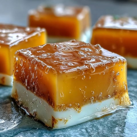 Fragrant mango jelly cubes layered with sweet coconut milk, perfect for dessert.